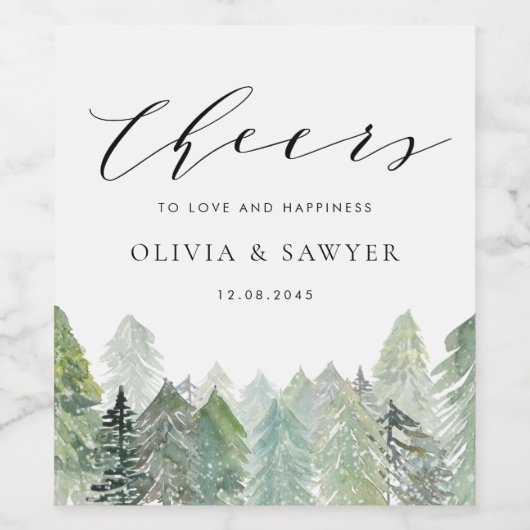 Snowy Watercolor Winter Evergreen Forest Wedding Weinetikett (Einzelnes Label)