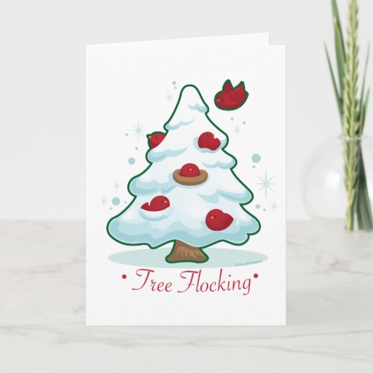 Snowy-Weihnachtsbaum mit Vögeln Feiertagskarte (Vorderseite)