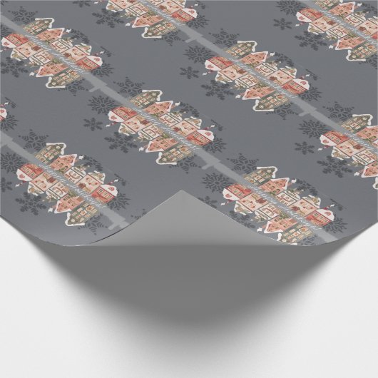 Snowy Weihnachtshäuser Schneeflocken Grau Geschenkpapier (Ecke)