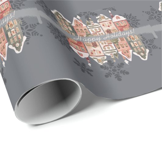 Snowy Weihnachtshäuser Schneeflocken Grau Geschenkpapier (Rolleneckpunkt)