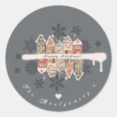Snowy Weihnachtshäuser Schneeflocken Grau Runder Aufkleber (Vorderseite)