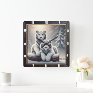 Snowy White Tiger Forest Quadratische Wanduhr