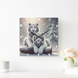 Snowy White Tiger Forest Quadratische Wanduhr