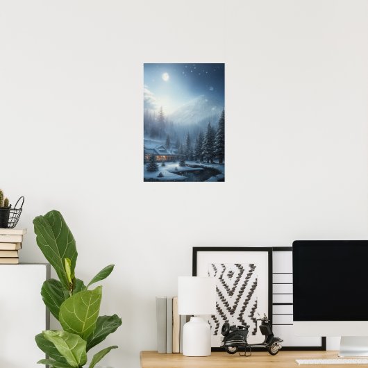 Snowy Winter Abend, ein gemütliches Haus im Wald Poster (Heimbüro)
