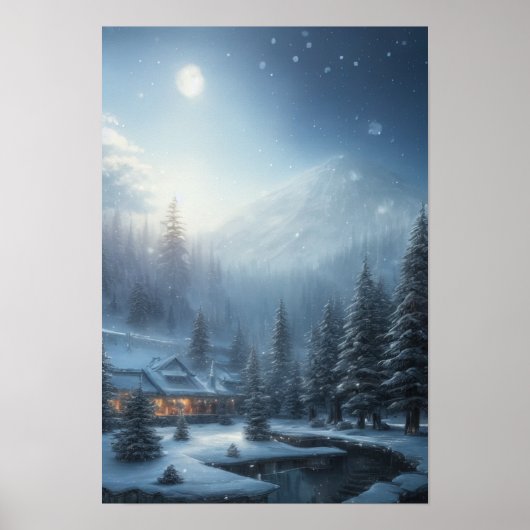 Snowy Winter Abend, ein gemütliches Haus im Wald Poster (Vorne)