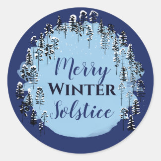 Snowy Winter Blue Forest Merry Solstice Urlaub Runder Aufkleber