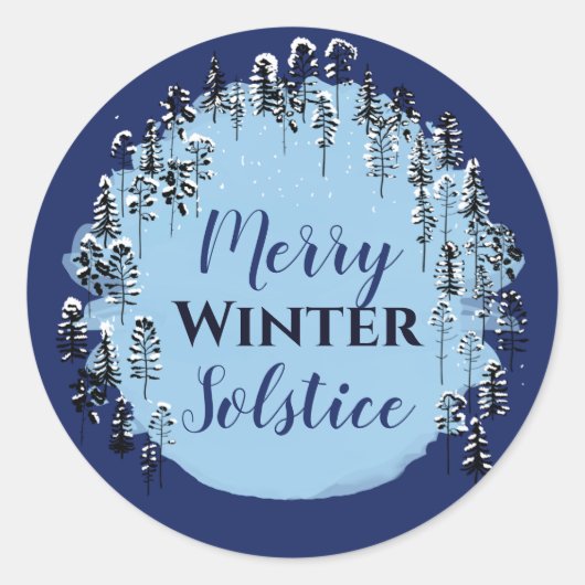 Snowy Winter Blue Forest Merry Solstice Urlaub Runder Aufkleber (Vorderseite)