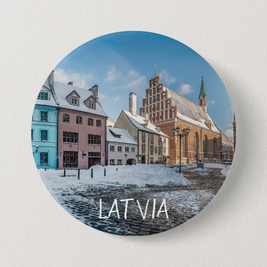 Snowy winter city centre in Riga, Lettland Button (Vorderseite)