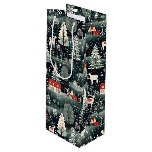 Snowy Winter Farmhouse Geschenktüte Für Weinflaschen (Vorderseite Schrägansicht)