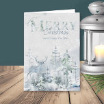 Snowy Winter Forest mit Stag Frohe Weihnachten<br><div class="desc">Personalisierte Aquarell Weihnachtskarte mit schneebedecktem Winterwald und Stein in sanften Blau- und Grüntönen. Der Text lautet: "Wir wünschen Ihnen ein frohes Weihnachtsfest und ein glückliches neues Jahr" und Sie können den restlichen Text personalisieren. Subtile und elegante Aquarellgestaltung mit dekorativer Typografie.</div>
