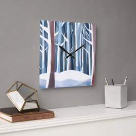 Snowy Winter Forest | Moderne, einfache Wasserfarb Quadratische Wanduhr