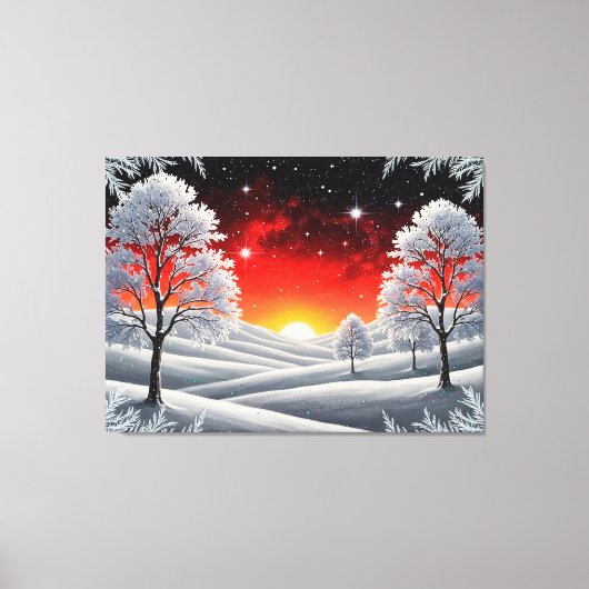 Snowy Winter Forest Under Red Sunset Leinwanddruck (Vorderseite)