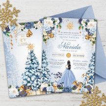 Snowy Winter Ice Blue und Gold Floral Quinceanera