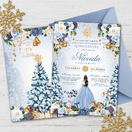 Snowy Winter Ice Blue und Gold Floral Quinceanera Einladung