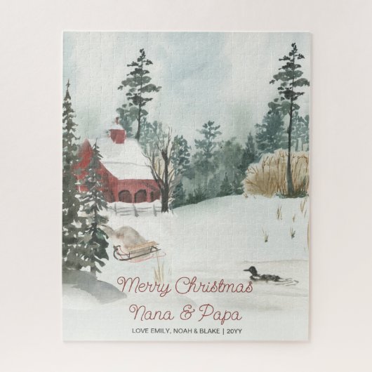 Snowy Winter Landschaft Optionale Textfarbe Puzzle (Vertikal)