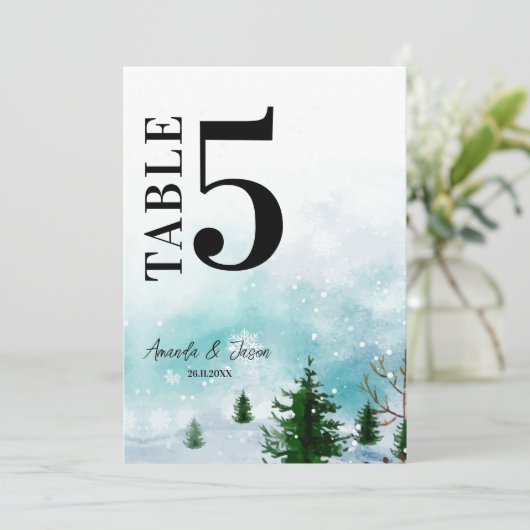 Snowy Winter Magic Blue Hues Wedding Tischnummer (Stehend Vorderseite)