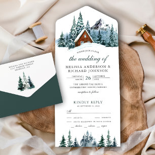 Snowy Winter Mountain Forest Cabin Lodge Hochzeit All In One Einladung