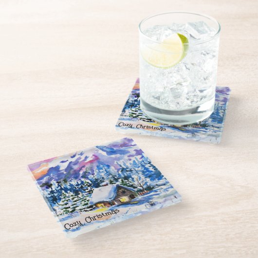 Snowy Winter Mountainbike Gemütliche Weihnachten Glasuntersetzer (Schrägansicht)