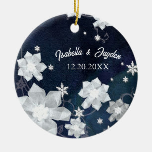 Snowy Winter Navy Blue Wedding Keepake Keramikornament