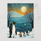 Snowy Winter Night Pinguin Weihnachtsferien Feiertagspostkarte (Vorderseite)