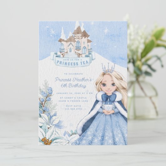 Snowy Winter Princess Tea Party Einladung (Stehend Vorderseite)
