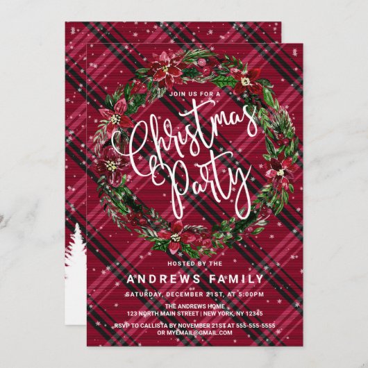 Snowy Winter Red Floral Wreath Flanell Weihnachten Einladung (Vorne/Hinten)