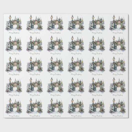 Snowy Winter Scene Watercolor Weihnachtsdorf Geschenkpapier (Flach)