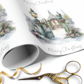 Snowy Winter Scene Watercolor Weihnachtsdorf Geschenkpapier