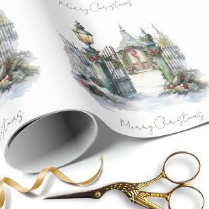 Snowy Winter Scene Watercolor Weihnachtsdorf Geschenkpapier