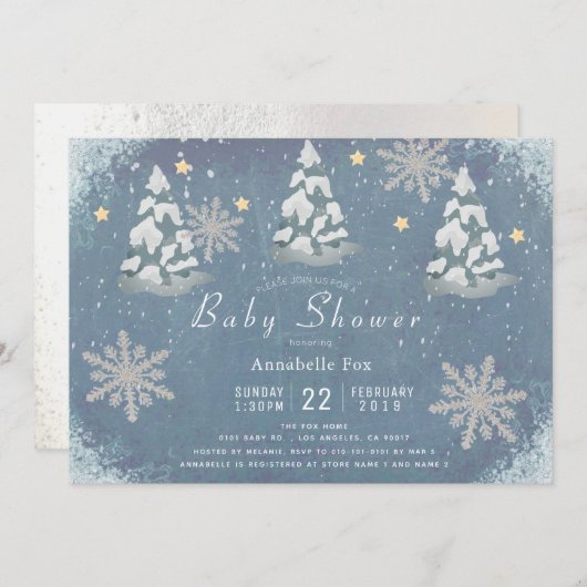 Snowy Winter Silver Snowflake Trees Baby Dusche Einladung (Vorne/Hinten)