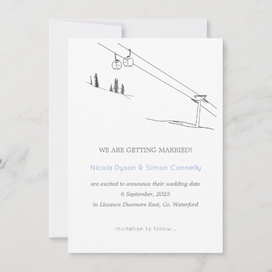 Snowy Winter Ski Neu verheiratet Paar Schwarz/Weiß Save The Date (Rückseite)