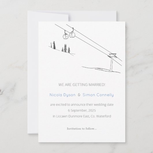 Snowy Winter Ski Neu verheiratet Paar Schwarz/Weiß Save The Date (Rückseite)