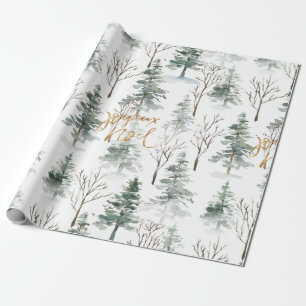 Snowy Winter Trees Muster Gold Typografie Geschenkpapier