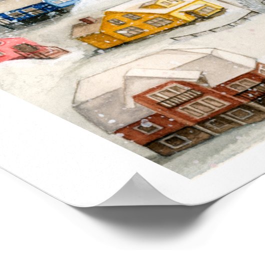 Snowy Winter Village Art Poster (Ecke)