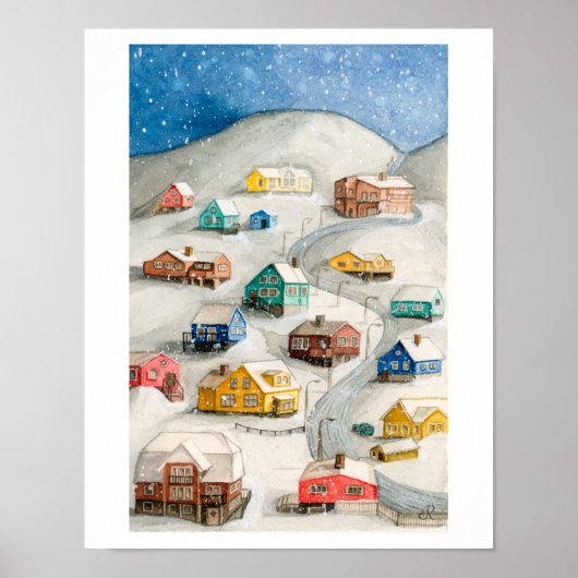 Snowy Winter Village Art Poster (Vorne)