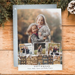 Snowy Winter Village Vier-Foto Collage Feiertagskarte<br><div class="desc">Gemälde Ferienbild mit einer Reihe von Häusern mit schneebedeckten Dächern,  drei quadratischen Bildvorlagen und einer porträtorientierten Foto-Hintergrundvorlage mit bearbeitbaren Textfeldern.</div>