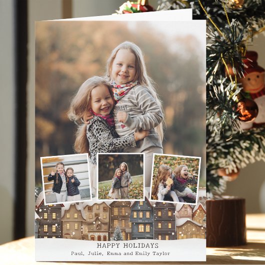 Snowy Winter Village Vier-Foto Collage Karte