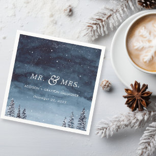 Snowy Winter Watercolor Navy Blue Wedding Serviette