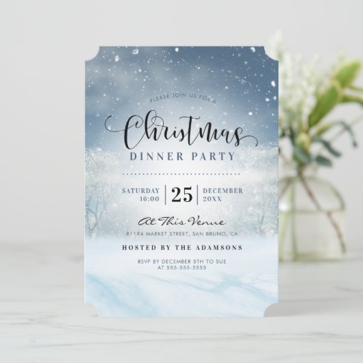 Snowy Winter Wonderland Weihnachtsabend Party Einladung (Stehend Vorderseite)