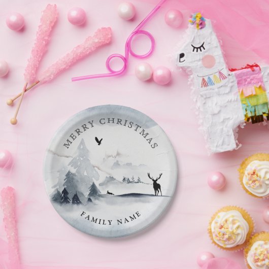 Snowy Winter Woods Mountains Frohe Weihnachten Pappteller (Party)