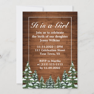 Snowy Wood & Forest Baby Girl Birth Celebration Einladung