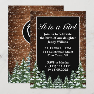 Snowy Wood & Forest Baby Girl Birth Celebration Einladung
