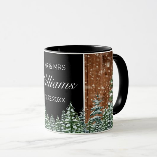 Snowy Wood & Forest Black Pine Wedding Mr. Mrs. Tasse (VorderseiteRechts)