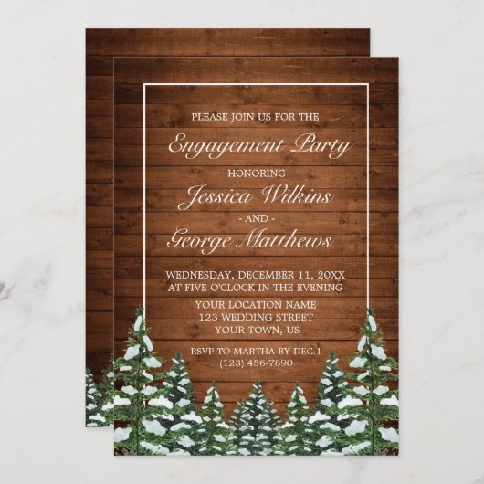 Snowy Wood & Forest Country Pine Engagement Party Einladung (Vorne/Hinten)