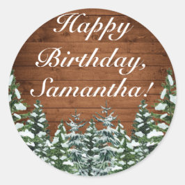 Snowy Wood & Forest Country Pine Happy Birthday Runder Aufkleber