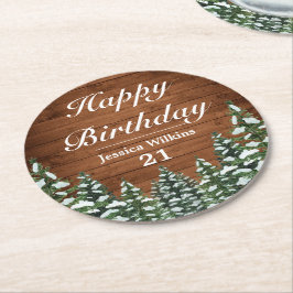 Snowy Wood & Forest Country Pine Happy Birthday Runder Pappuntersetzer