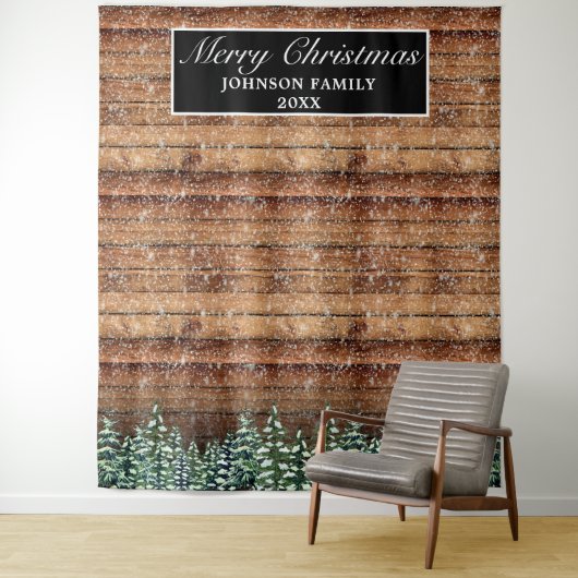 Snowy Wood Forest Frohe Weihnachts-Foto Hintergrun Wandteppich (Beispiel)