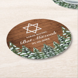 Snowy Wood & Forest Rural Pine Bar Bat Mitzvah Runder Pappuntersetzer
