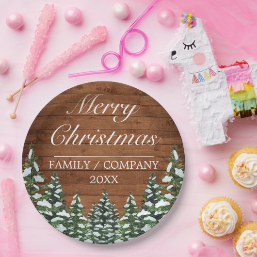 Snowy Wood & Forest Rural Pine Frohe Weihnachten Pappteller (Party)