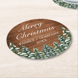 Snowy Wood & Forest Rural Pine Frohe Weihnachten Runder Pappuntersetzer